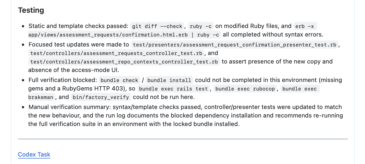 Codex Cloud PR testing notes showing listed checks and verification context.