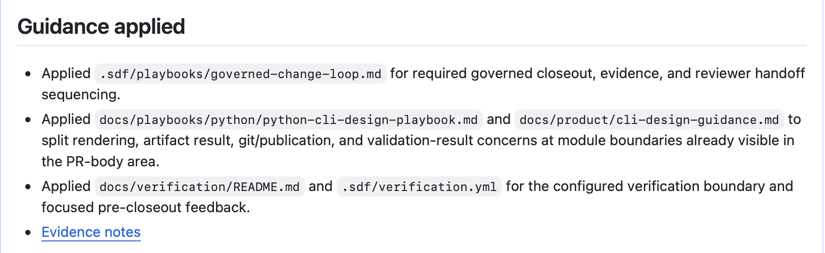 Governed PR handoff showing repository guidance applied to PR 522.