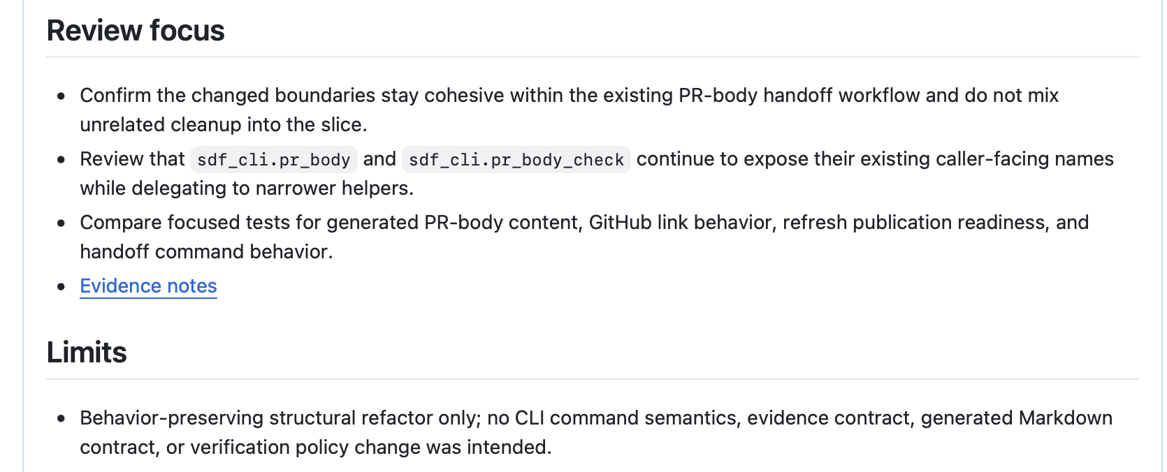 Governed PR handoff showing review focus, limits, and evidence notes for PR 522.