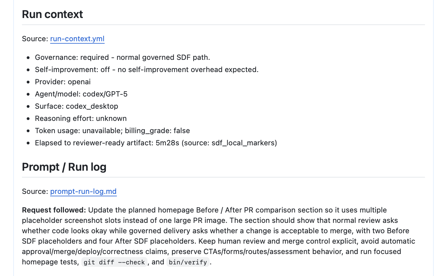 Governed PR evidence showing run context and prompt run log.