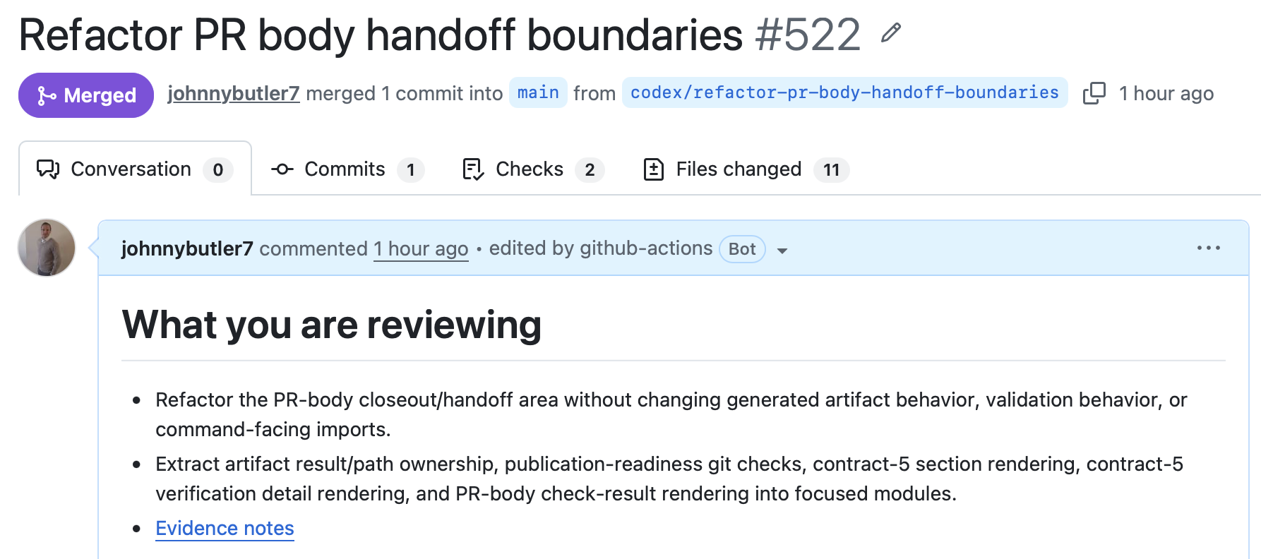Governed PR handoff showing the intent, changed boundaries, and evidence notes for PR 522.