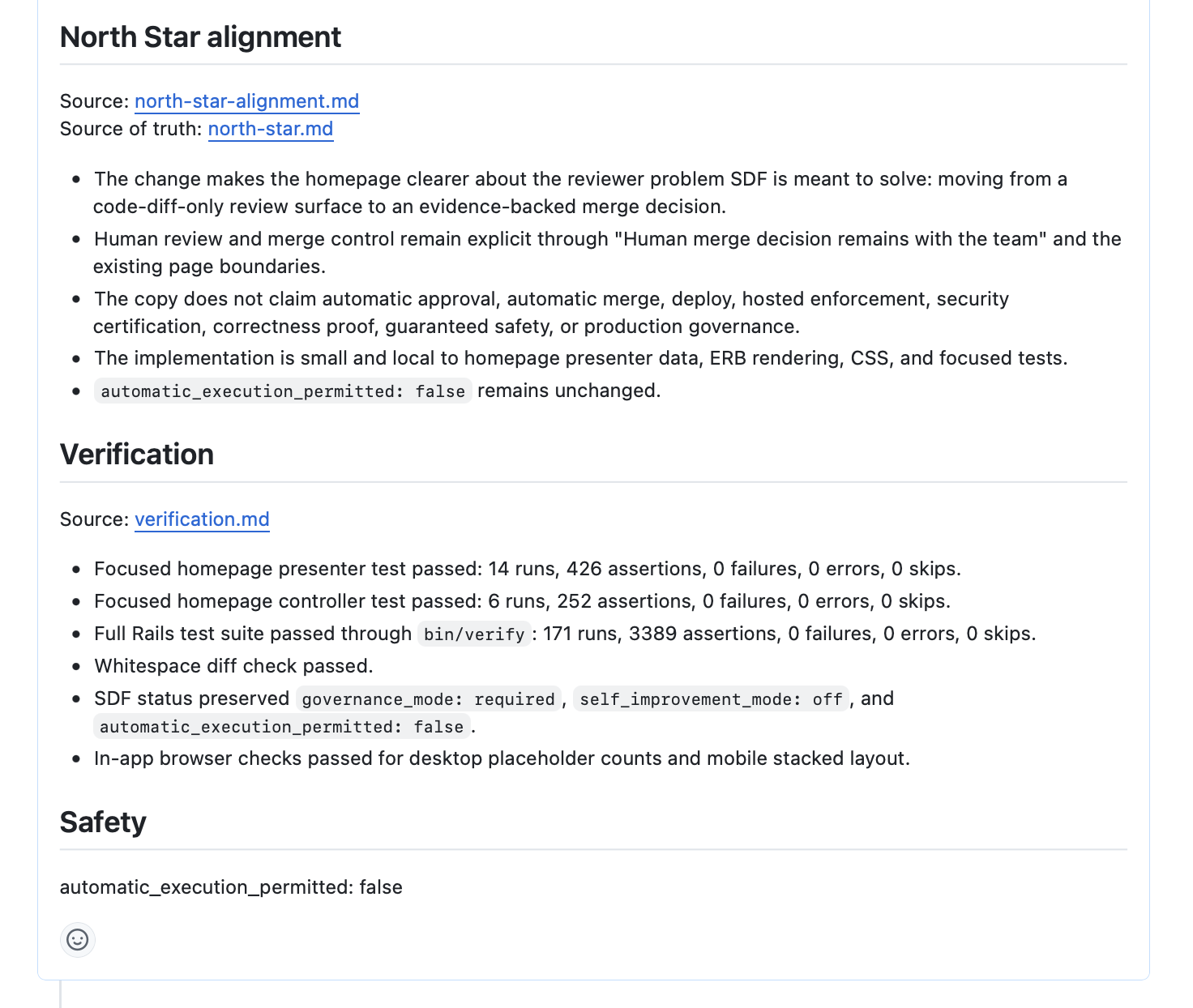 Governed PR evidence showing north star alignment, verification, and safety boundaries.
